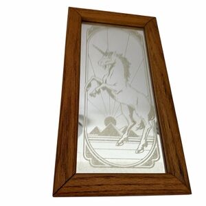 Vintage 1980s Bearded Unicorn Mirror Retro Oak Frame 12 X 6.5”